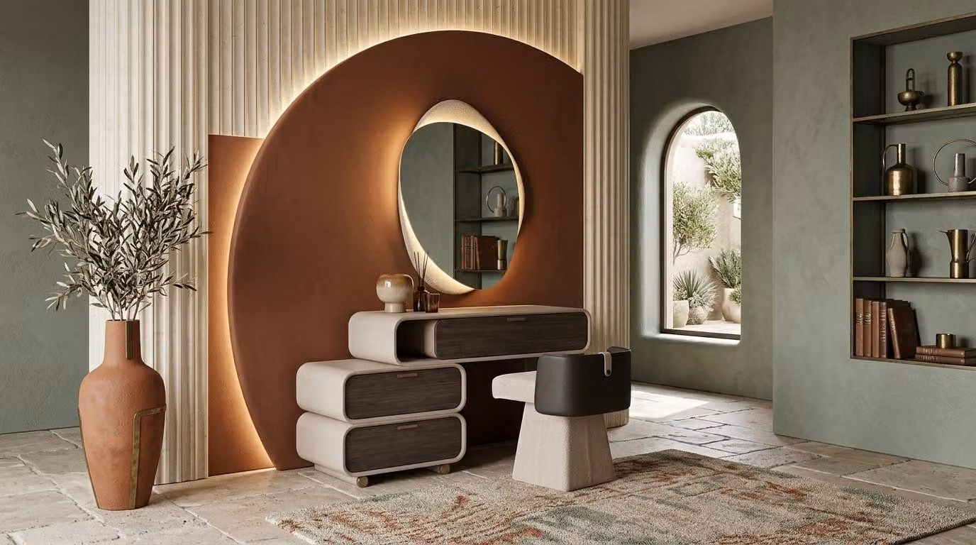 Schminktisch Spiegel Pouf Schlafzimmer Stil modern beige komfortabel
