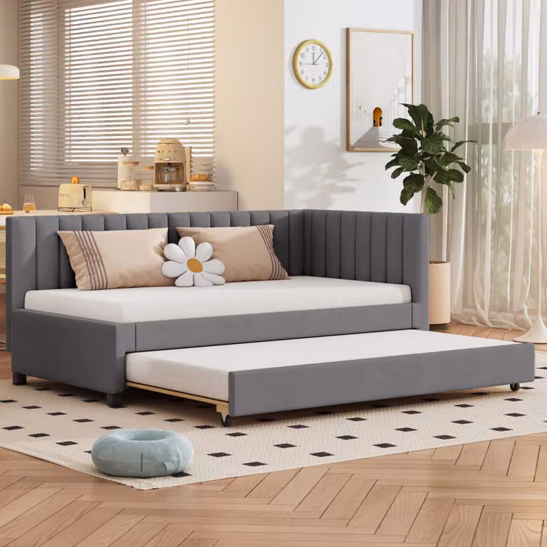 Letto imbottito Fortuna Lai 90x200cm, divano letto allungabile, letto multifunzionale con rete a doghe skin-friendly, letto matrimoniale letto per ospiti daybed letto per ragazzi divano letto, velluto, grigio