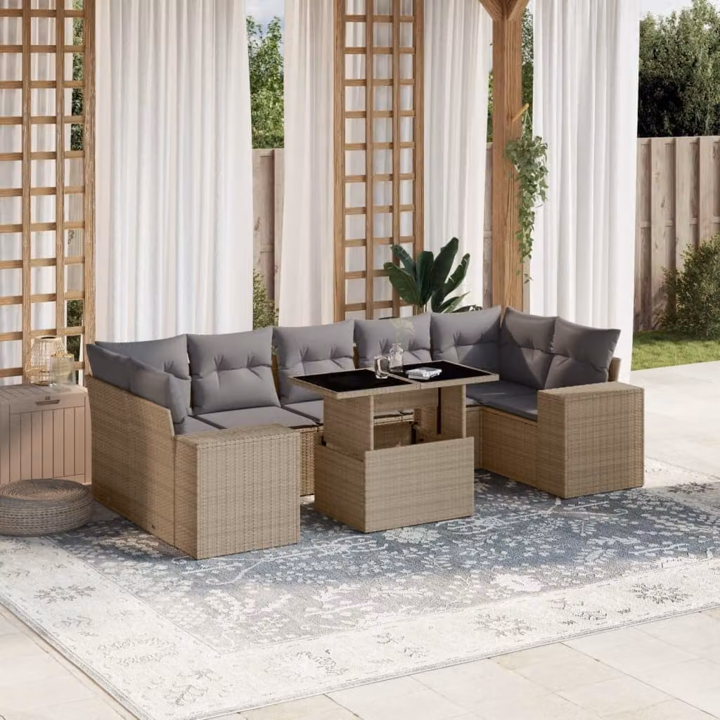 vidaXL Set Divano da Giardino 8 pz in Polyrattan con Cuscini Beige e Grigio e Tavolino da Esterno – 1