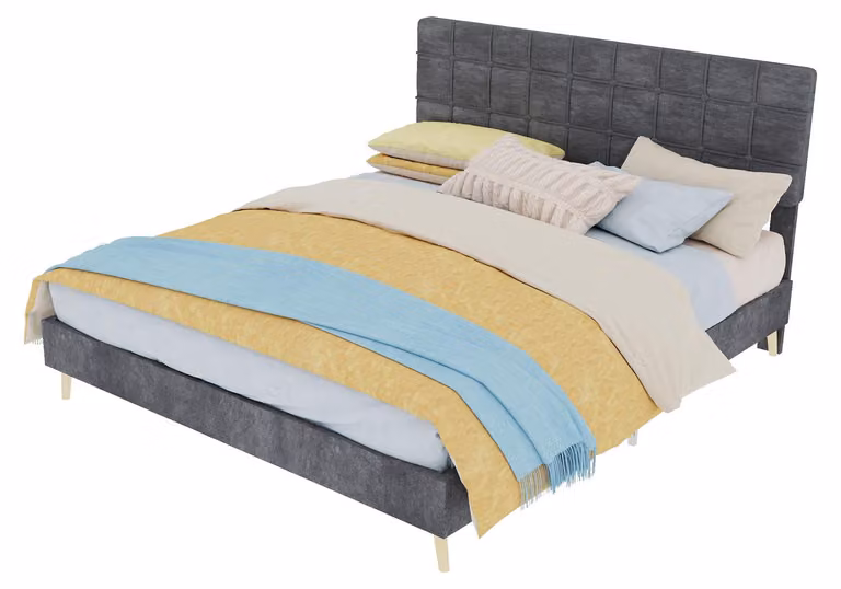 Letto imbottito 160x200, color grigio scuro, con testiera imbottita e gambe in legno, ideale per la camera da letto
