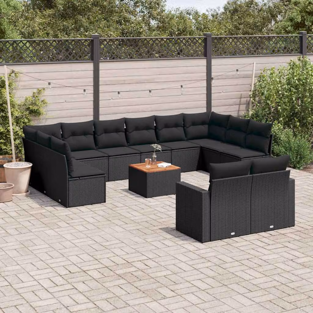 vidaXL Set Divani da Giardino a Forma a U in Polyrattan Nero con Cuscini e Tavolino da Esterno – 1