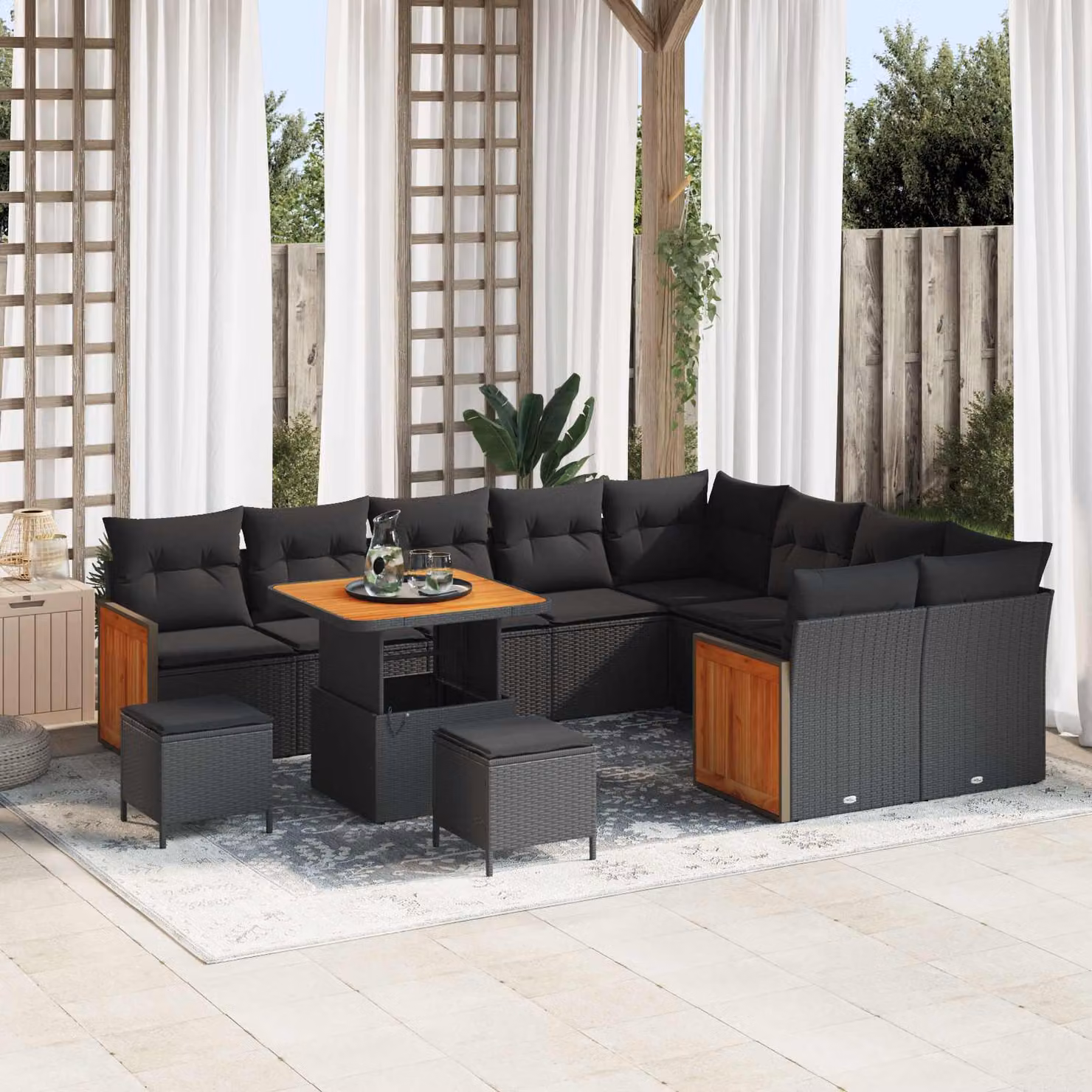 Set Divano da Giardino vidaXL a Forma di L con 12 Posti, Nero, con Cuscini e Tavolino da Esterno – 1