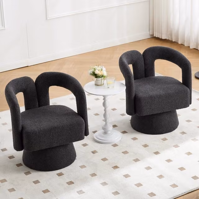 Poltrona girevole MIVRAY in bouclé grigio scuro con braccioli e base in metallo H 74 x L 67 x P 55 cm