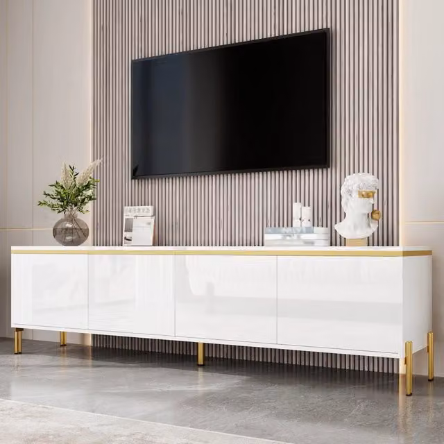 Mobile TV moderno WISHDOR bianco lucido con 4 ante e dettagli in metallo, L: 170 cm, P: 38 cm, H: 50 cm