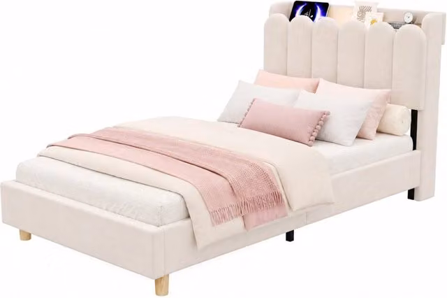 Letto per bambini singolo 90 × 200 cm con USB, porta Type-C, lampada da lettura e mensole, senza materasso, beige