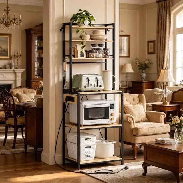 Mobile contenitore da cucina OKWISH in stile industrial con 3 prese e 6 ripiani aperti, in metallo e truciolare, colore marrone e nero, L/P/H: 60 x 40 x 167 cm