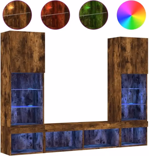 Mobili TV a Muro con LED 5pz | Armadietto TV | Mobile Porta TV Rovere Fumo in Legno Multistrato