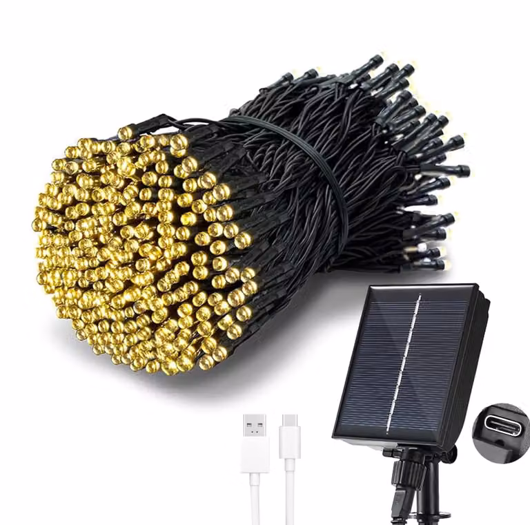 Catena luminosa solare/USB, 20 metri, 200 LED, luce bianca calda, grado di protezione IP65