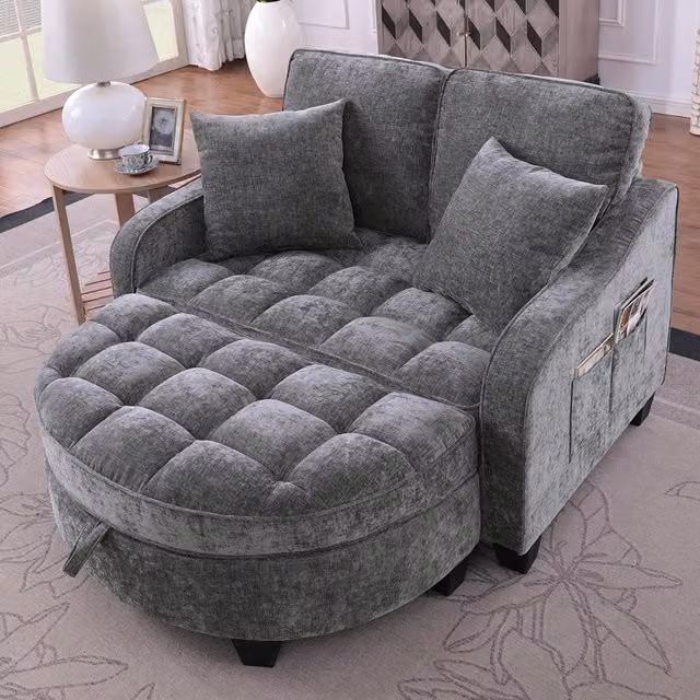 Divano multifunzione 2 in 1 - Xylo - Con pouf, legno eucalipto, grigio scuro