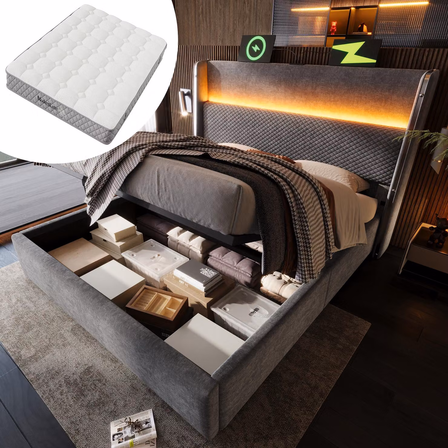 MODFU Letto matrimoniale con materasso 140x200, letto con illuminazione a LED e porte di ricarica, con testata alta, letto funzionale con contenitore, grigio