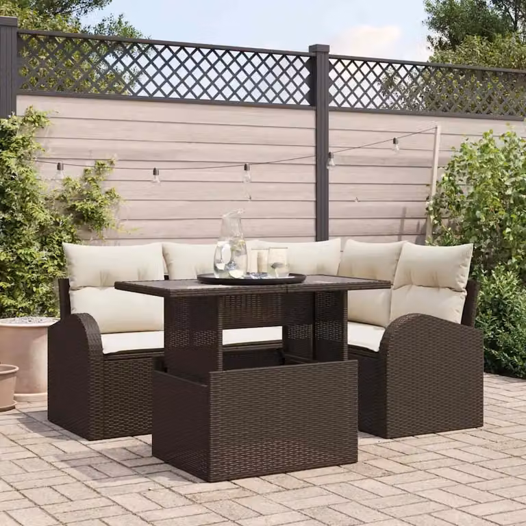 Set Divano da Giardino a L vidaXL 5 Pezzi Marrone con Cuscini e Tavolino in Polyrattan e Acciaio