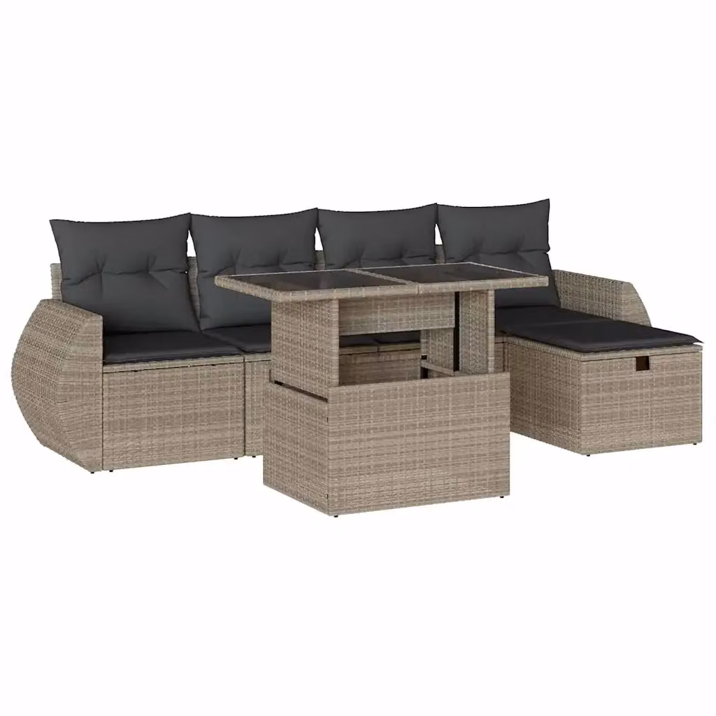 Set da giardino moderno vidaXL composto da 6 pezzi con divano a L, poltrone, pouf e tavolino con piano in vetro, colore grigio – 2