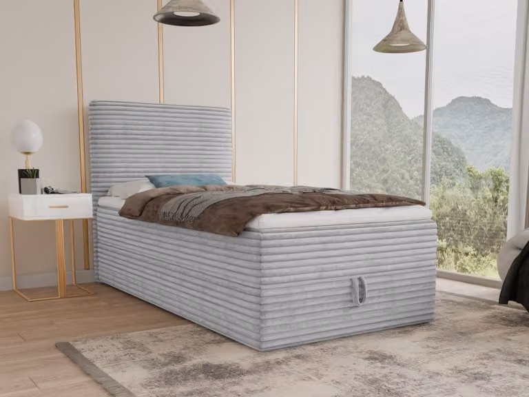 Letto boxspring Mollo Mini con contenitore e coprimaterasso - Letto singolo con materasso Bonell e coprimaterasso, letto imbottito in morbido velluto a coste, letto, camera da letto (Grigio (Tilia 86), 90 x 200 cm)