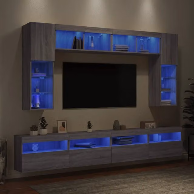 vidaXL Set Mobili TV a Muro Moderno 8 pz con Luci LED Grigio Matt