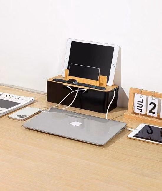 Organizer per smartphone, tablet e smartwatch - Contenitore per cavi e fili con rivestimento in legno - Organizzazione dell'ufficio e della postazione di lavoro - Nero