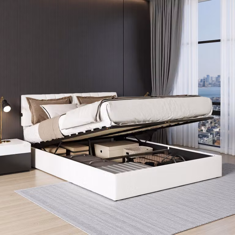 Letto imbottito UnboxG 140x200 cm con sollevamento idraulico, tessuto in pile Teddy bianco crema, stazione di ricarica USB su entrambi i lati