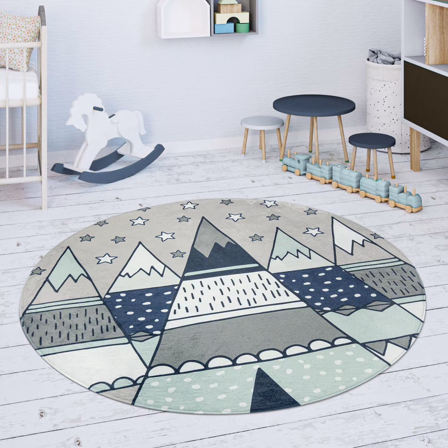 Tappeto rotondo per bambini Chiko grigio e multicolore con design astratto moderno, lavabile e facile da curare, Diametro: 120 cm – 2