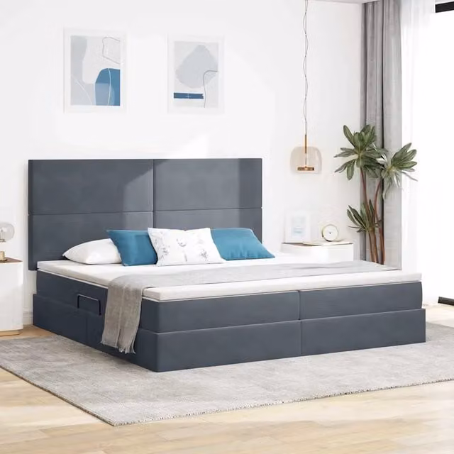 Letto matrimoniale con contenitore e materasso vidaXL in tessuto grigio, L/P/H: 200 x 200 x 280 cm – 1