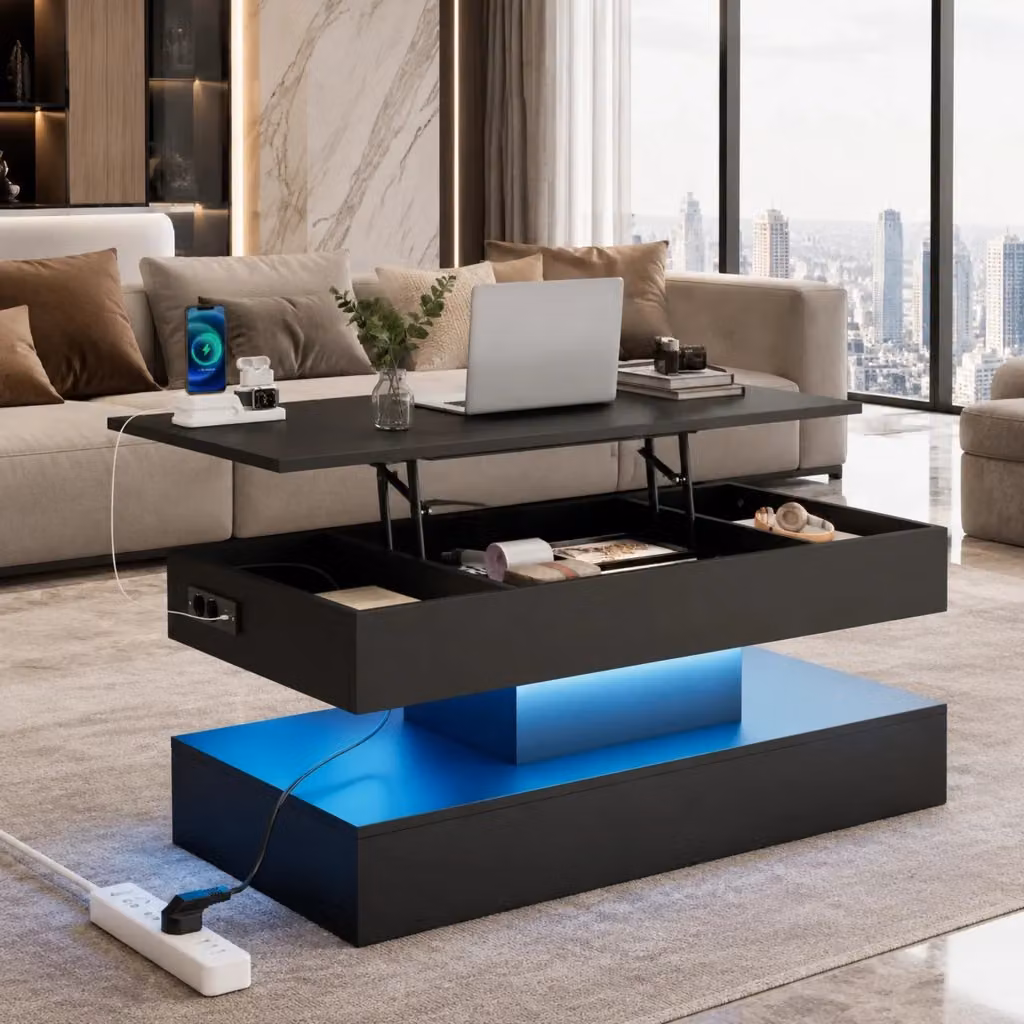 Tavolino basso alzabile Mivray nero con LED, vano nascosto e prese europee, L: 100 cm, P: 50 cm, H: 42 cm – 2