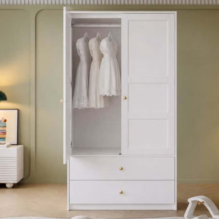 Armadio angolare a due ante con 2 cassetti, dotato di barra appendiabiti, modello a due ante, dimensioni 100x48x180 cm, colore bianco