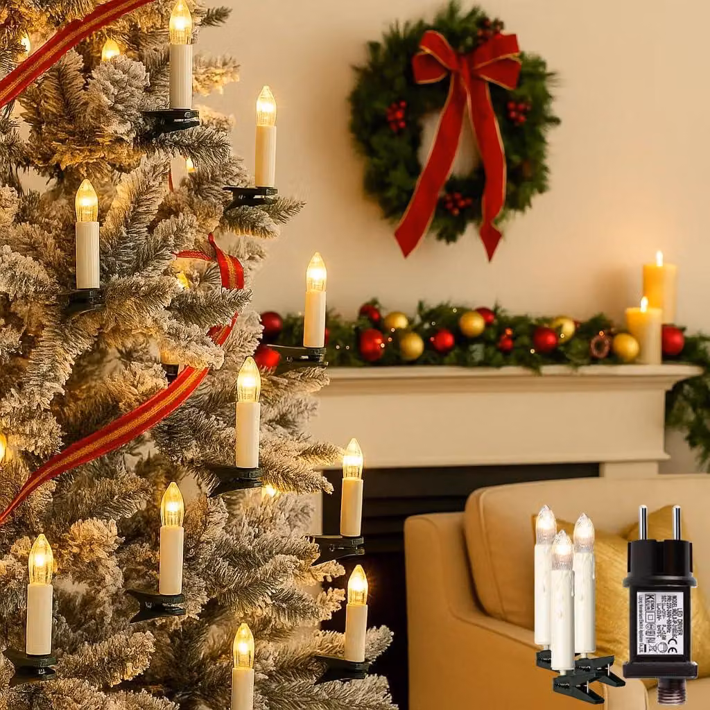 Catena di luci a LED a forma di candele, con 30 candele a luce calda, lunghezza 10,3 metri, ideale per l'albero di Natale