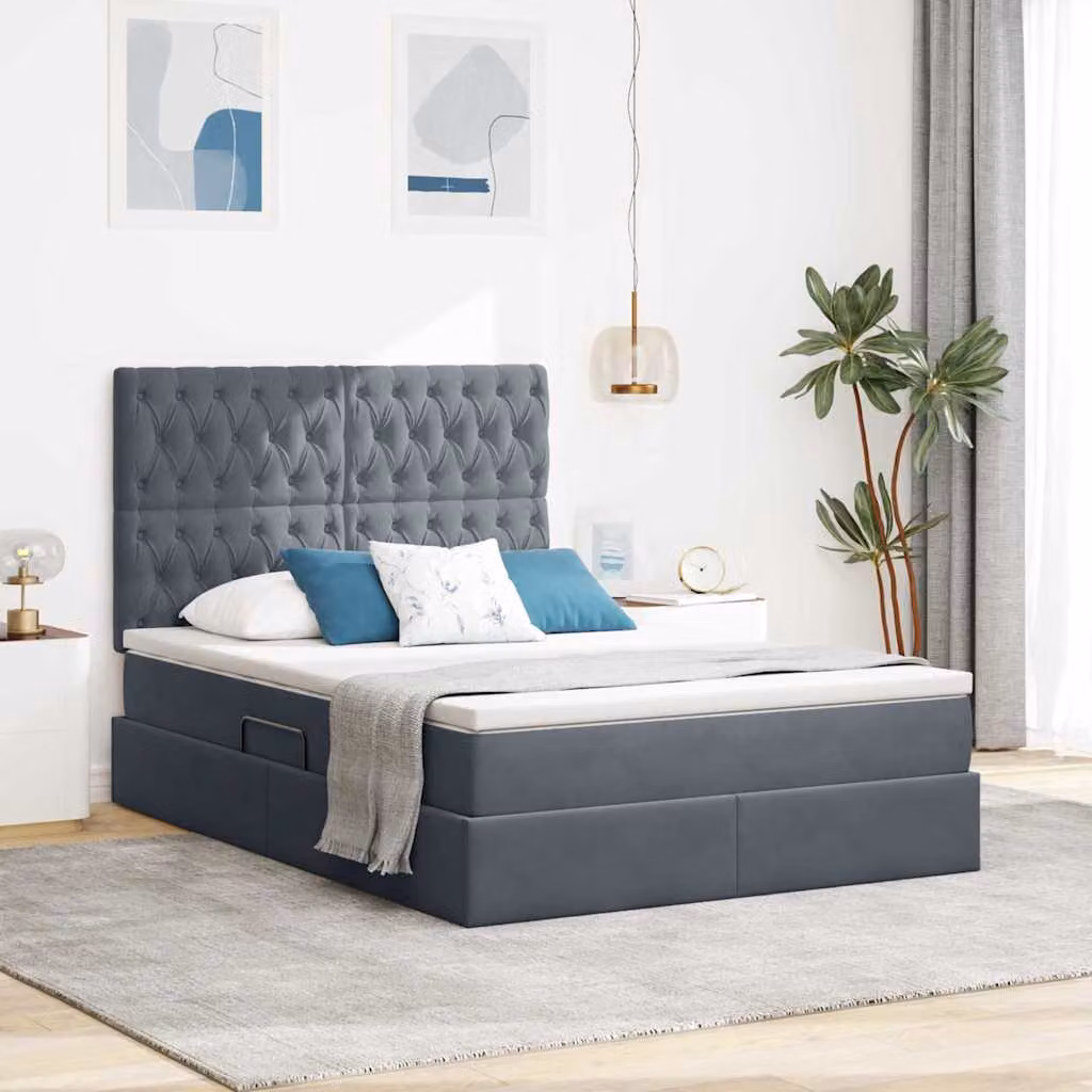 Letto con contenitore e illuminazione LED vidaXL in velluto grigio, L/P/H: 190 x 140 x 128 cm – 1