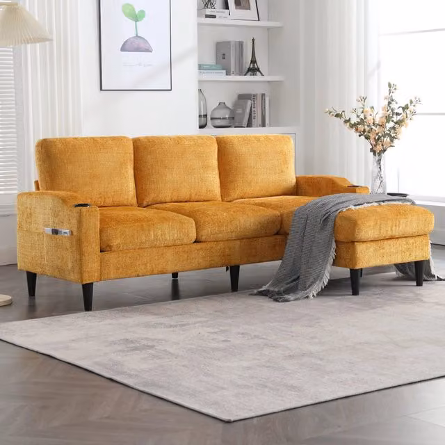 Divano ULEVR 4 posti con pouf contenitore, portabicchieri e tasche laterali, chenille giallo, 196,5 x 75 x 77 cm