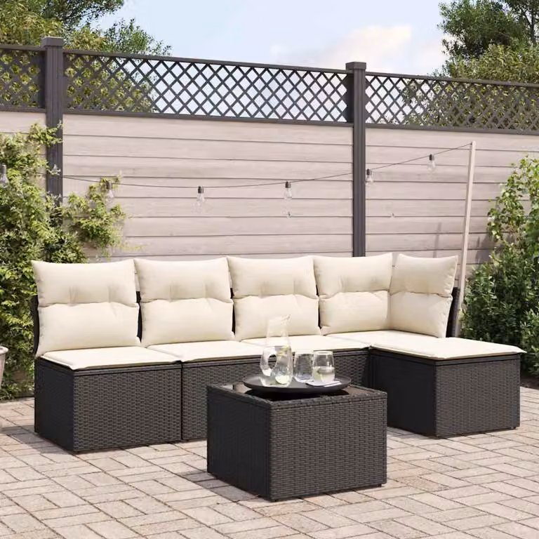 Set Divano da Giardino vidaXL 6 pz in Polyrattan Nero con Cuscini e Tavolino da Esterno