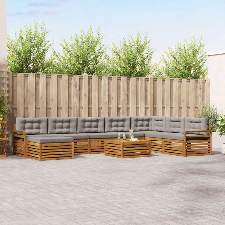vidaXL Set di divani da esterno 9 pz in legno di acacia con cuscini, Grigio e Marrone