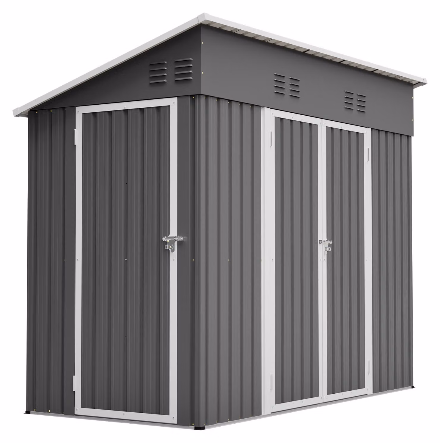 Capanno da giardino in metallo, dimensioni 242 x 120 x 192 cm, dotato di diverse porte, 2 serrature, una solida struttura a pavimento, un tetto inclinato e 4 aperture di ventilazione, colore grigio