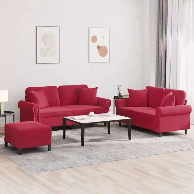 Set di Divani 3 pz con Cuscini Rosso Vino in Velluto 3202244