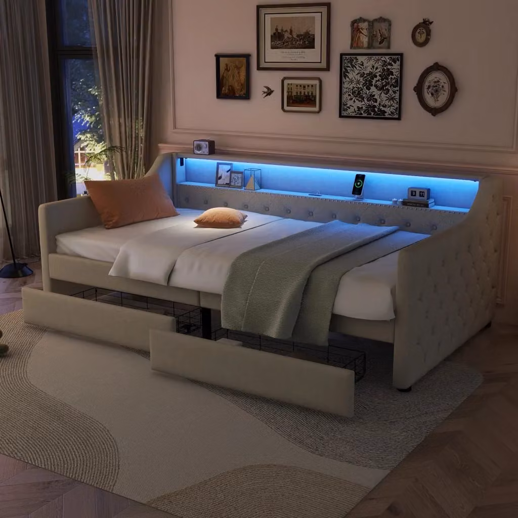 Letto Divano REDOM in tessuto beige con illuminazione LED, porta USB e 2 cassetti, L/P/H: 200 x 90 x 78,5 cm – 2