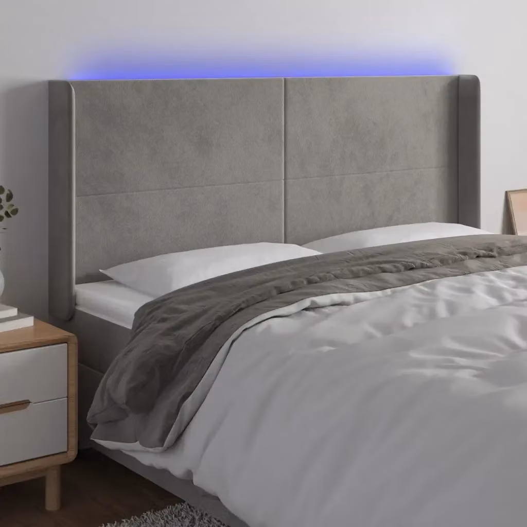 Testata per letto con illuminazione LED e porta di ricarica USB in velluto grigio chiaro L: 203 cm, P: 16 cm, H: 118/128 cm – 2