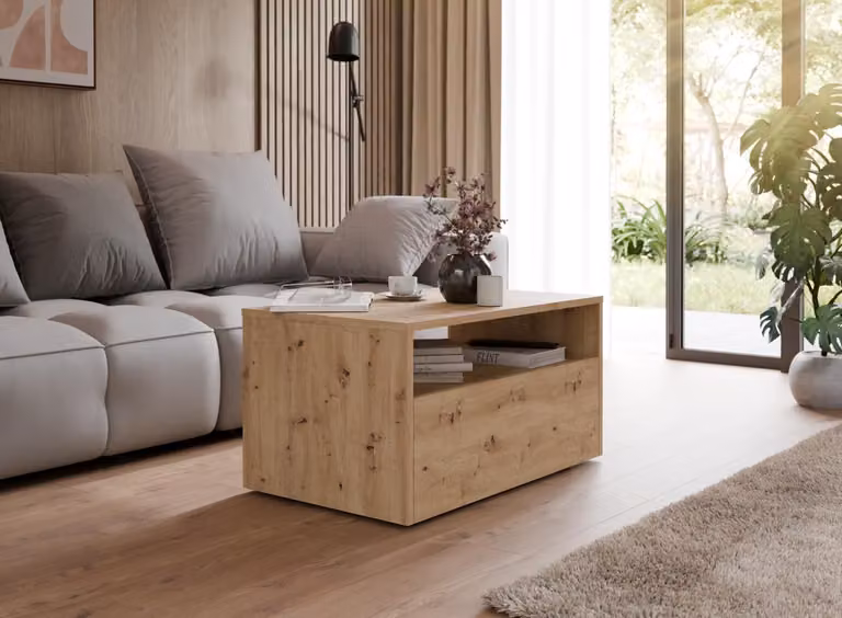 Tavolino da salotto LINO in rovere Artisan con rotelle e cassetto – un tavolino moderno per il salotto
