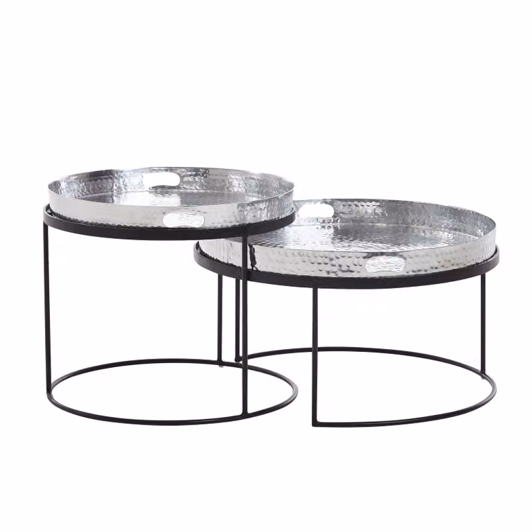 Set di 2 tavolini tondi in metallo martellato argento/nero | Wohnling