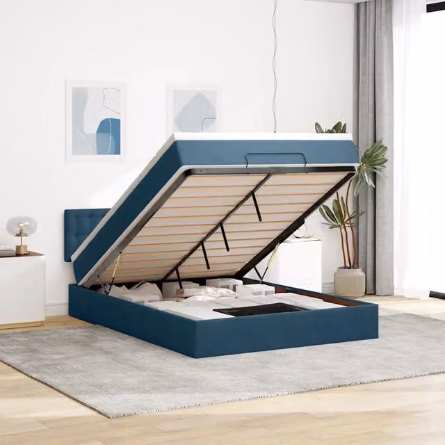Letto con contenitore a sollevamento vidaXL in velluto blu e bianco L: 200 cm, P: 140 cm, H: 88 cm – 1