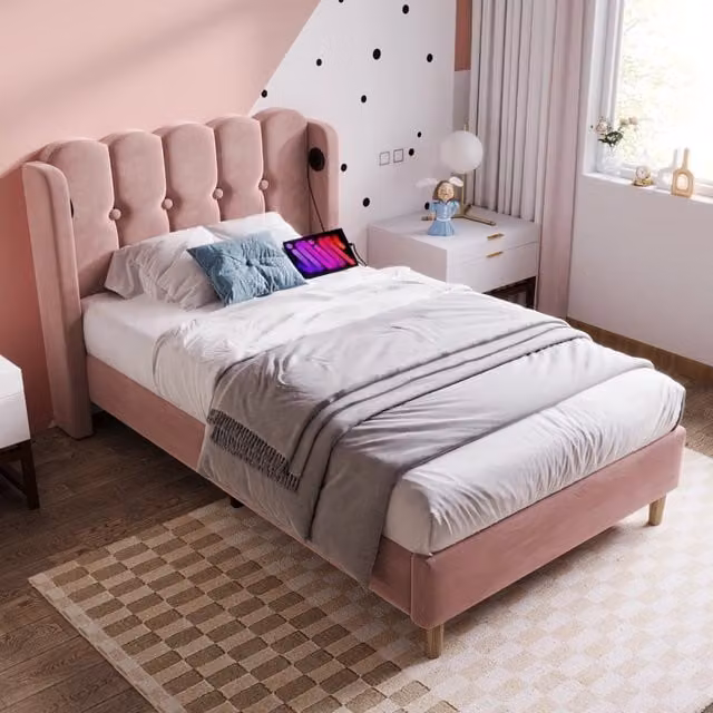 Letto singolo REDOM in velluto rosa con porte di ricarica USB, L/P/H: 90 x 200 x 103 cm