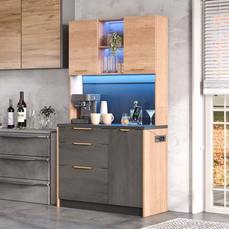 Mobile alto da cucina Flieks con illuminazione a LED regolabile, mobile alto con presa di corrente, credenza 100x40x180 cm, colore naturale