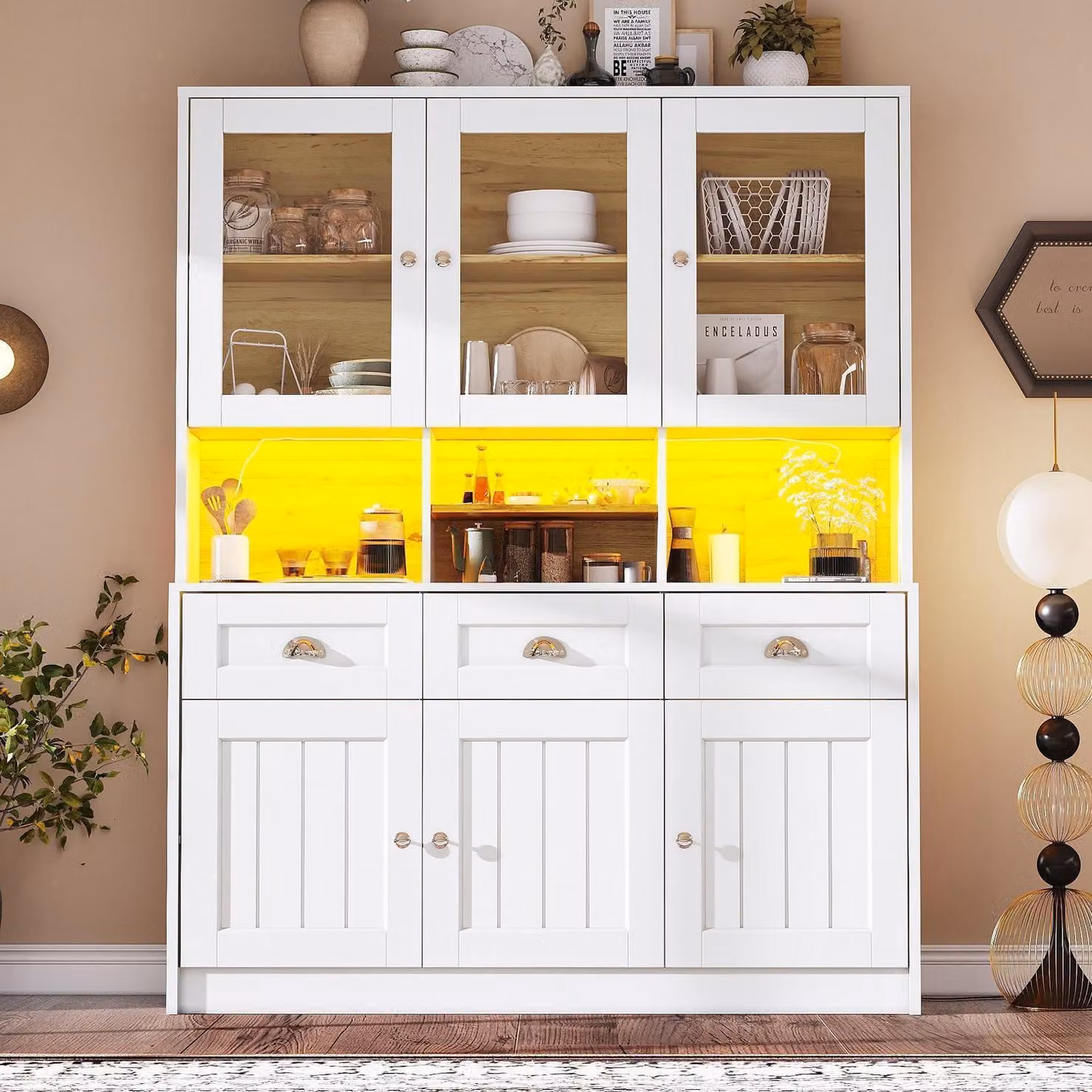 Armadio alto da cucina con illuminazione a LED, dimensioni 140x40x175 cm, colore bianco