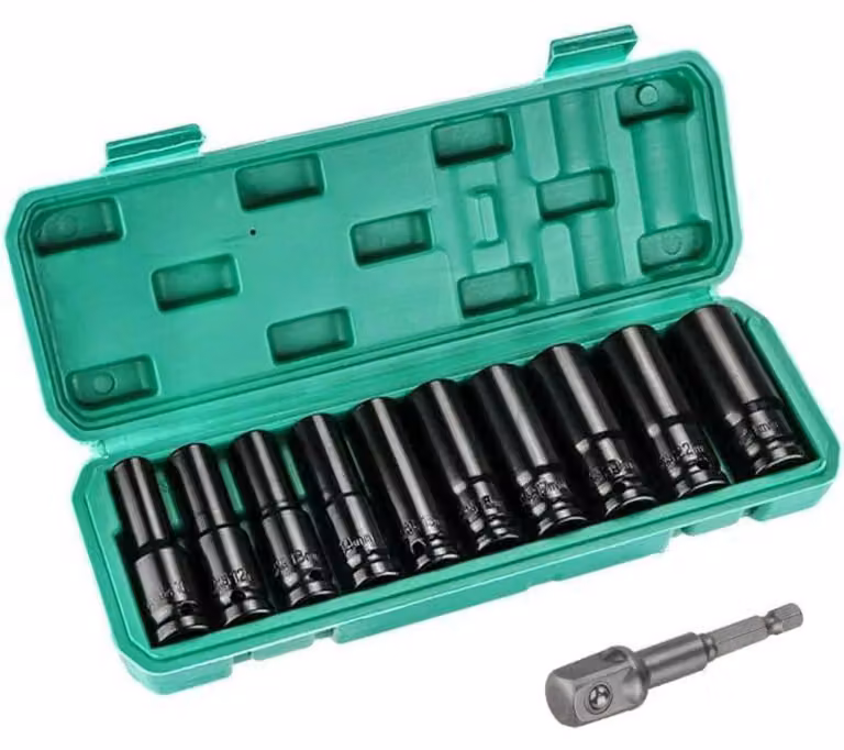 Set di bussole per avvitatore a percussione, 11 pezzi, 1/2", metriche, da 10 a 24 mm, bussole a esagono con adattatore e custodia per attrezzi