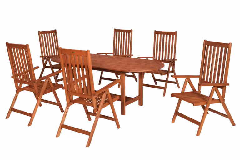 Set di mobili da giardino Merxx, 7 pezzi, 6 sedie pieghevoli, tavolo allungabile 160 (210) x 90 cm - Eucalipto