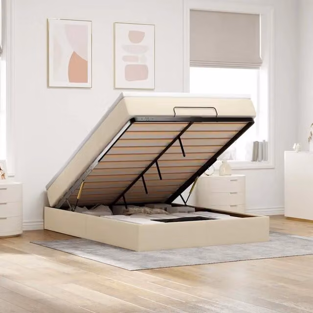 Letto con contenitore a sollevamento vidaXL in tessuto beige e bianco L: 140 cm, P: 200 cm, H: 280 cm