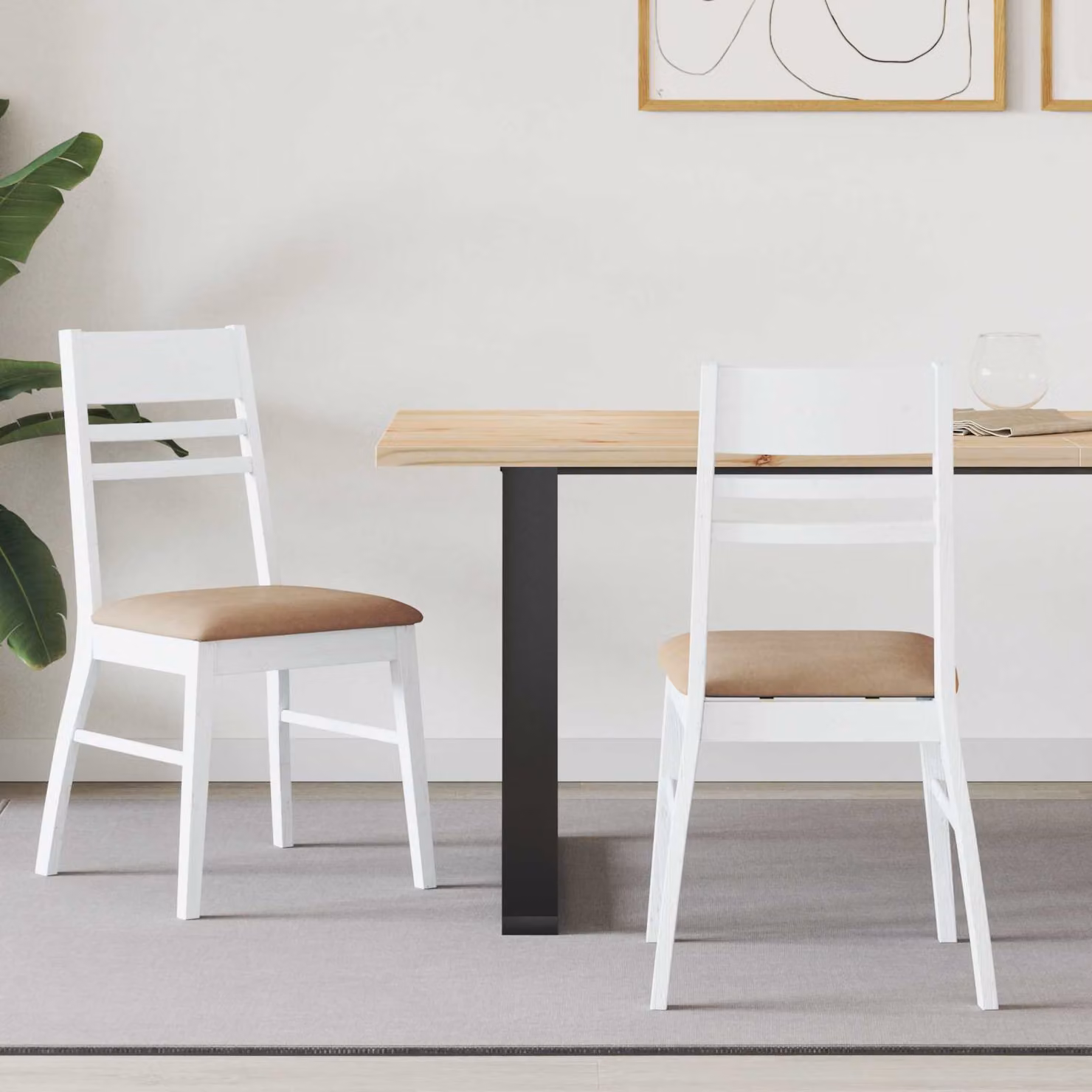 Set di 2 sedie da pranzo moderne vidaXL in legno di gomma e tessuto bianco L/P/H: 43 x 54 x 89 cm – 1