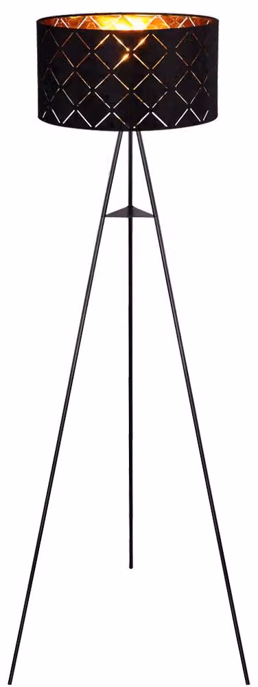 Lampada da terra a LED, tessuto, nero-oro, struttura a treppiede, H 149 cm