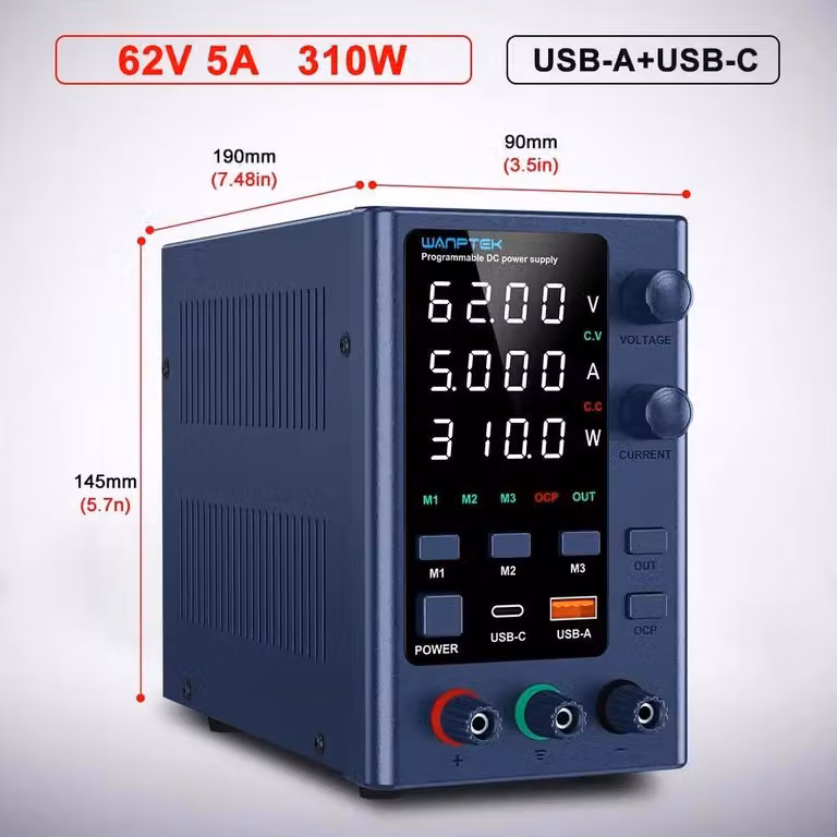 Alimentatore da laboratorio - Alimentatore DC regolabile - 0–62V 0–5A - Tensione e corrente regolabili - Porta di ricarica USB - Spina di tipo EU - Uscita singola