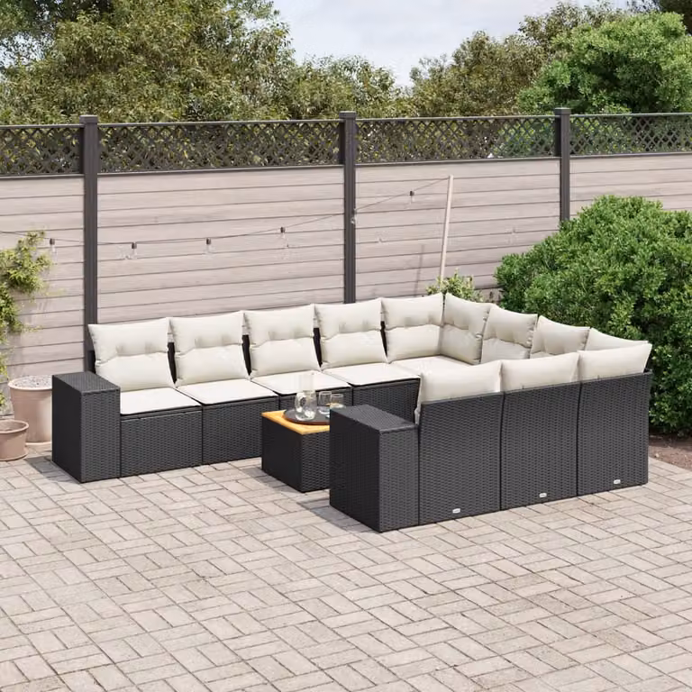 vidaXL Set Divani da Giardino a L 11 pz con Cuscini e Tavolino, Polyrattan e Acciaio Nero e Bianco