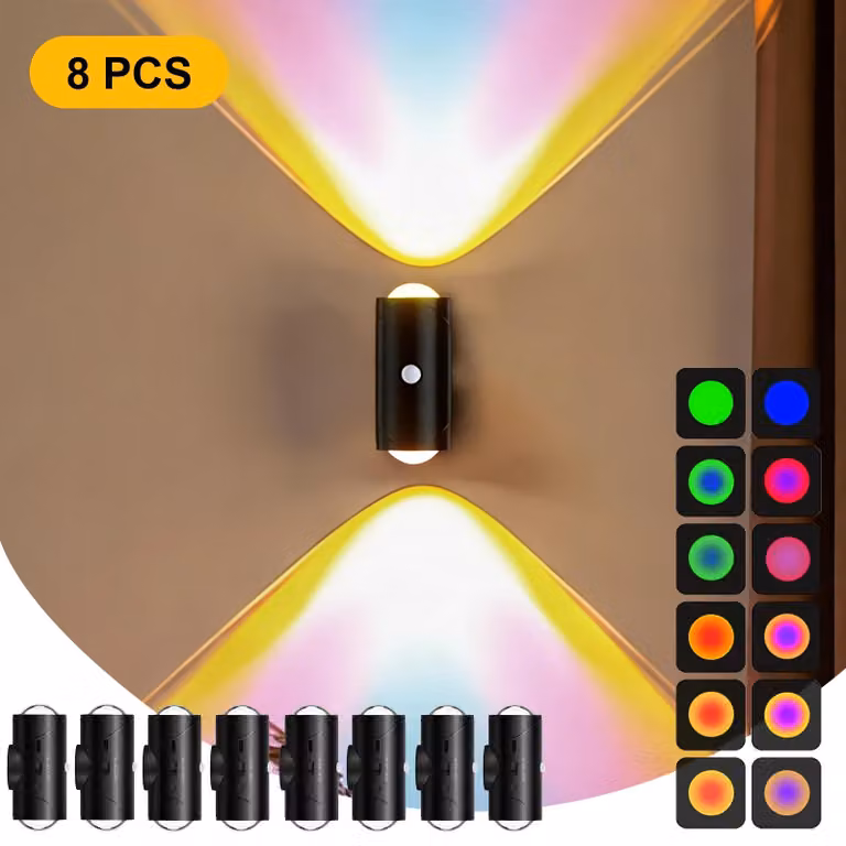 Lampada da parete, con LED a cambio di colore, sensore di movimento, colore nero, confezione da 8 pezzi