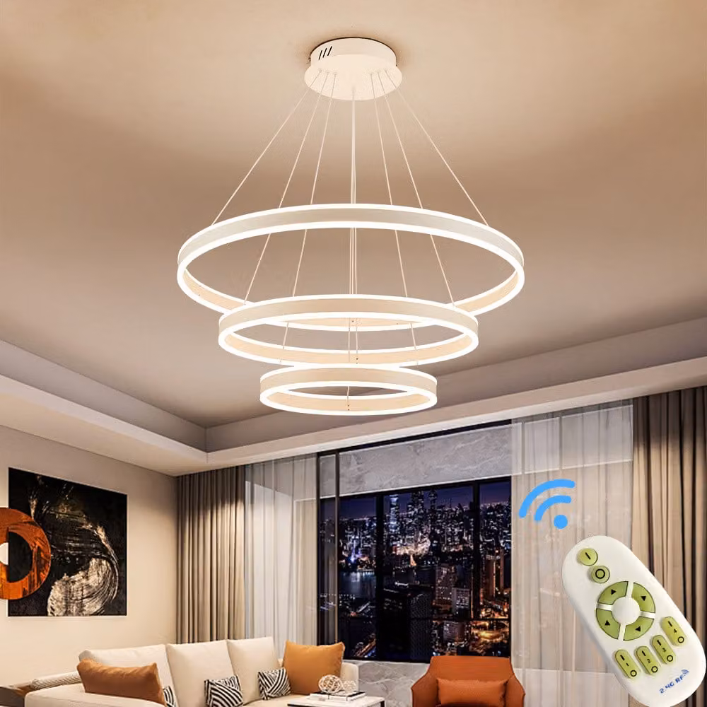 Eurotondisplay LED a sospensione 2137-468BS 3 anelli 40*60*80cm cornice bianca dimmerabile con telecomando colore della luce regolabile, altezza regolabile 120cm