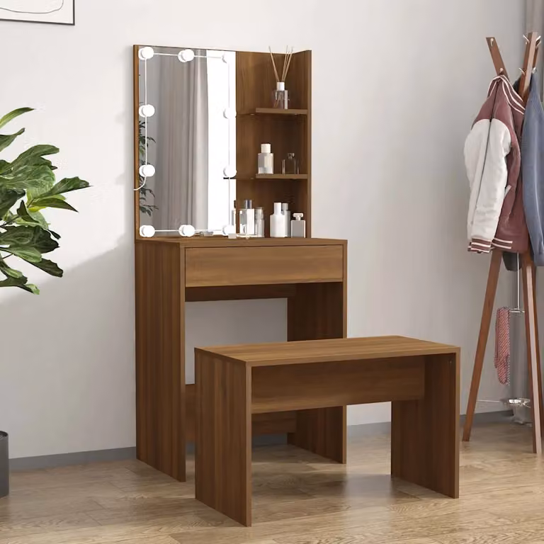 Set Tavolo da Toeletta con LED vidaXL in Rovere Marrone con Finitura Opaca L: 140 cm, P: 60 cm, H: 40 cm