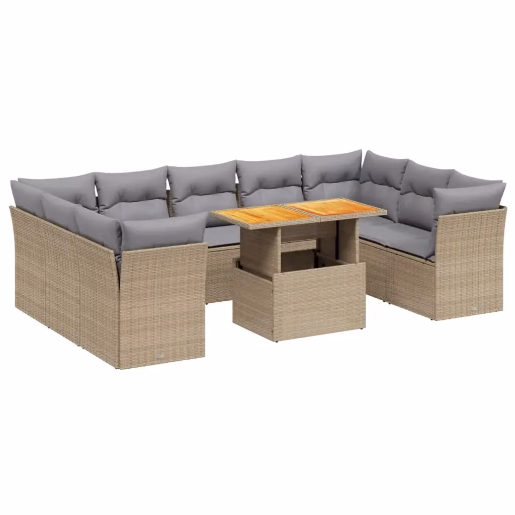 vidaXL Set Divano da Giardino 10 pz con Cuscini Beige e Tavolino in Polyrattan e Legno di Acacia – 2